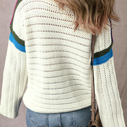 Floral Colorblock Pullover Sweater Women's Drop Shoulder Knit Long Sleeve Top