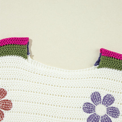Floral Colorblock Pullover Sweater Women's Drop Shoulder Knit Long Sleeve Top