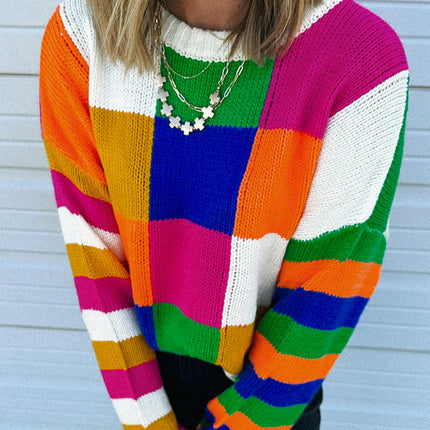 Plaid Rainbow Colorblock Round Neck Sweater Women's Warm Knitted Long Sleeve Top