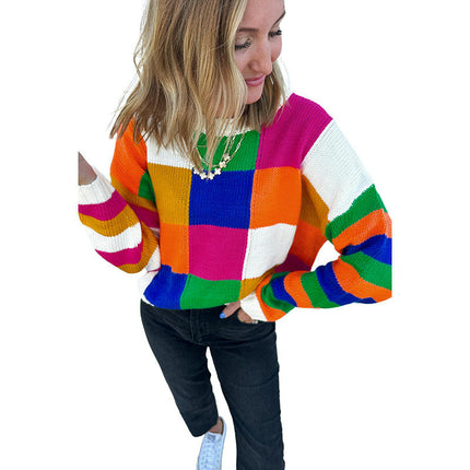 Plaid Rainbow Colorblock Round Neck Sweater Women's Warm Knitted Long Sleeve Top