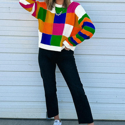 Plaid Rainbow Colorblock Round Neck Sweater Women's Warm Knitted Long Sleeve Top