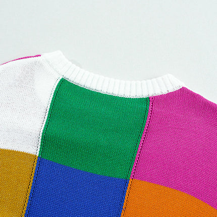 Plaid Rainbow Colorblock Round Neck Sweater Women's Warm Knitted Long Sleeve Top