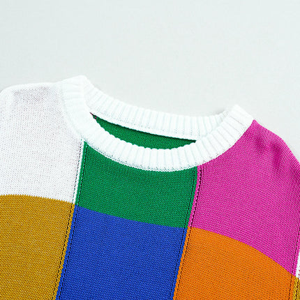 Plaid Rainbow Colorblock Round Neck Sweater Women's Warm Knitted Long Sleeve Top
