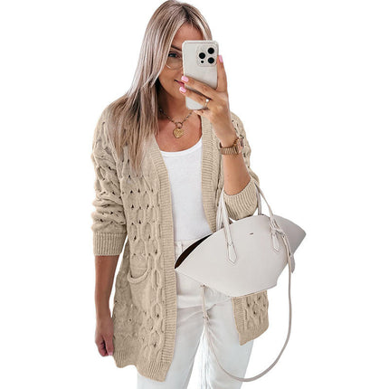 Women's Autumn Solid Color Knitted Cardigan Hollow Long Sleeves with Pockets