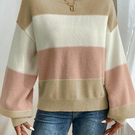 Women's Colorblock Round Neck Sweater Casual Loose Lantern Sleeve Pullover