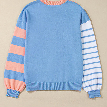 Women's Loose Pullover Round Neck Sweater Striped Contrast Color Long Sleeve Top