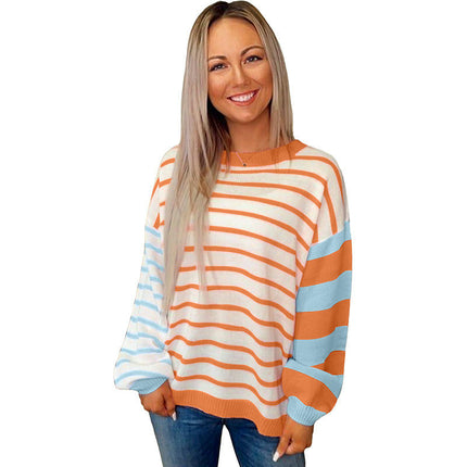 Women's Loose Pullover Round Neck Sweater Striped Contrast Color Long Sleeve Top