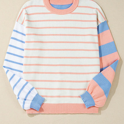 Women's Loose Pullover Round Neck Sweater Striped Contrast Color Long Sleeve Top
