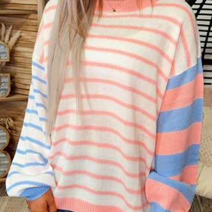 Women's Loose Pullover Round Neck Sweater Striped Contrast Color Long Sleeve Top