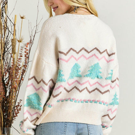 Women's Pullover Round Neck Long Sleeve Top Christmas Tree Threaded Sweater