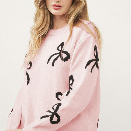 Round Neck Long Sleeve Knit Tops Women Loose Sweet Bowknot Printed Sweater
