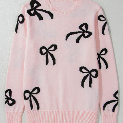 Round Neck Long Sleeve Knit Tops Women Loose Sweet Bowknot Printed Sweater