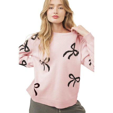 Round Neck Long Sleeve Knit Tops Women Loose Sweet Bowknot Printed Sweater