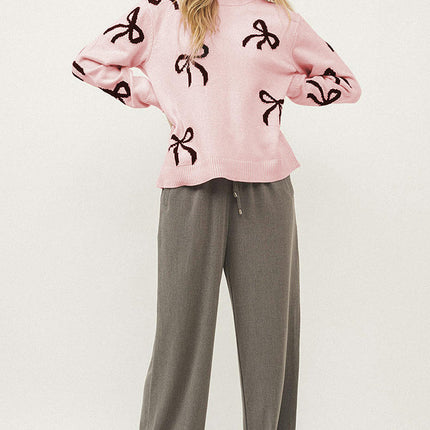 Round Neck Long Sleeve Knit Tops Women Loose Sweet Bowknot Printed Sweater