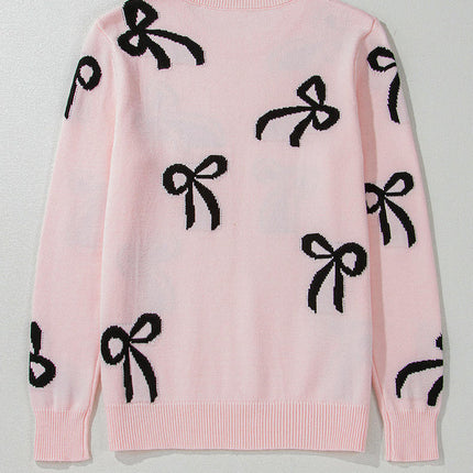 Round Neck Long Sleeve Knit Tops Women Loose Sweet Bowknot Printed Sweater