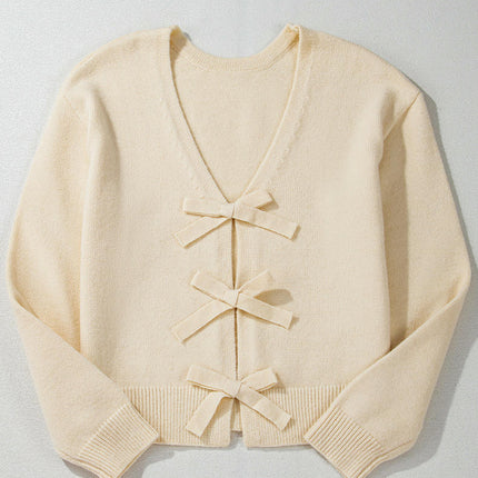 Solid Color Long-Sleeved Cardigan for Women Short Lazy Style Bow Tie Sweater