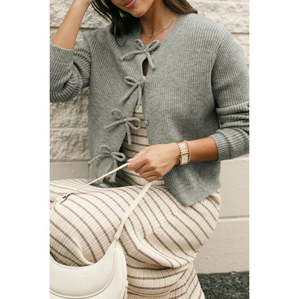 Women's Bowknot Front Button Knitted Cardigan Solid Color Warm Cardigan Sweater
