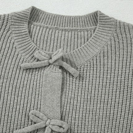Women's Bowknot Front Button Knitted Cardigan Solid Color Warm Cardigan Sweater