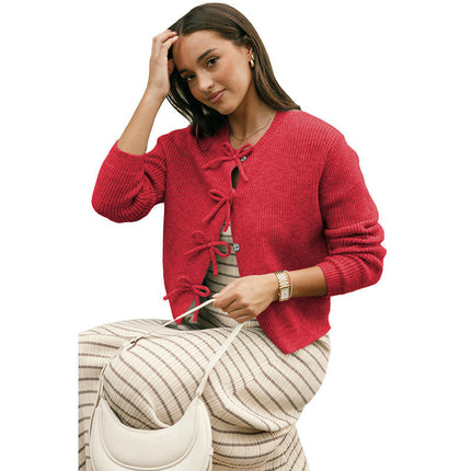 Women's Bowknot Front Button Knitted Cardigan Solid Color Warm Cardigan Sweater