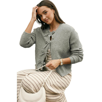 Women's Bowknot Front Button Knitted Cardigan Solid Color Warm Cardigan Sweater