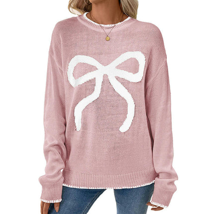 Women's Bow Pattern Round Neck Sweater Long Sleeve Colorblock Pullover Cardigan