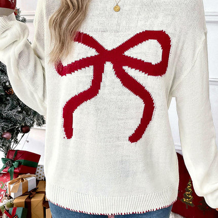 Women's Bow Pattern Round Neck Sweater Long Sleeve Colorblock Pullover Cardigan