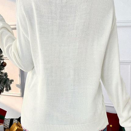 Women's Bow Pattern Round Neck Sweater Long Sleeve Colorblock Pullover Cardigan