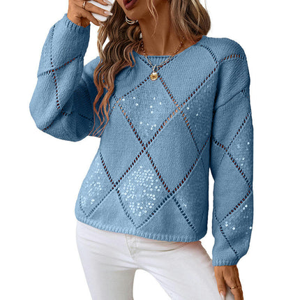 Women's Pullover Round Neck Sweater Fashion Sequined Stitching Long Sleeve Top