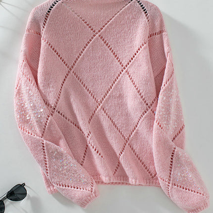 Women's Pullover Round Neck Sweater Fashion Sequined Stitching Long Sleeve Top