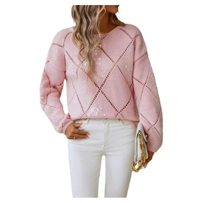 Women's Pullover Round Neck Sweater Fashion Sequined Stitching Long Sleeve Top
