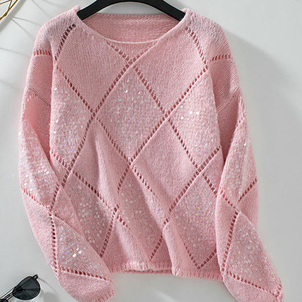 Women's Pullover Round Neck Sweater Fashion Sequined Stitching Long Sleeve Top