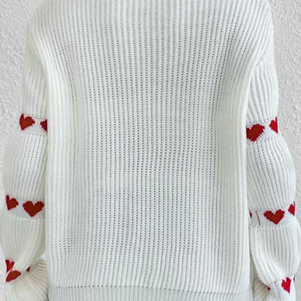 Womens Round Neck Pullover Knitted Sweater Fashion Heart Printed Long Sleeve Top
