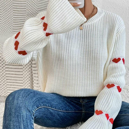 Womens Round Neck Pullover Knitted Sweater Fashion Heart Printed Long Sleeve Top