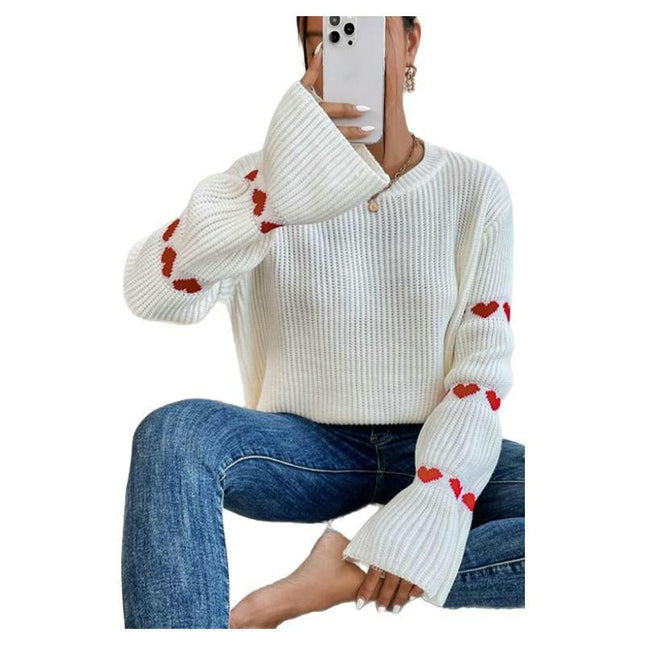 Womens Round Neck Pullover Knitted Sweater Fashion Heart Printed Long Sleeve Top