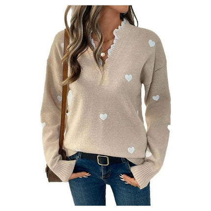 Women's V-neck Long-Sleeved Top Casual Fashion Lace Stitching Printed Sweater