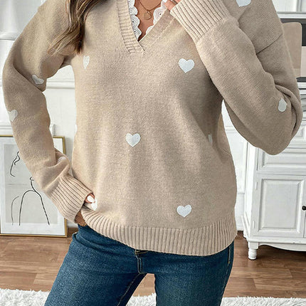 Women's V-neck Long-Sleeved Top Casual Fashion Lace Stitching Printed Sweater