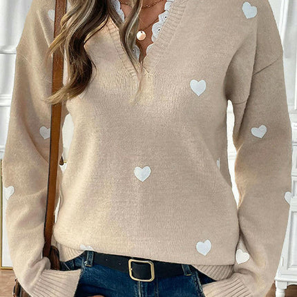Women's V-neck Long-Sleeved Top Casual Fashion Lace Stitching Printed Sweater
