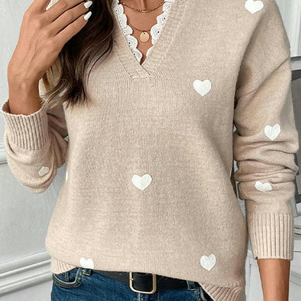 Women's V-neck Long-Sleeved Top Casual Fashion Lace Stitching Printed Sweater