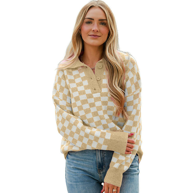 Women's Warm Colorblock Pullover Sweater Casual Fashion Plaid Printed Sweater