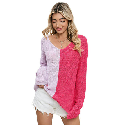 Women's Colorblock V-neck Pullover Sweater Casual Loose Knitted Long Sleeve Top