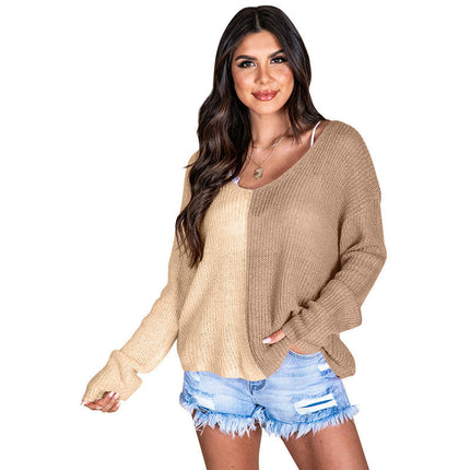 Women's Colorblock V-neck Pullover Sweater Casual Loose Knitted Long Sleeve Top