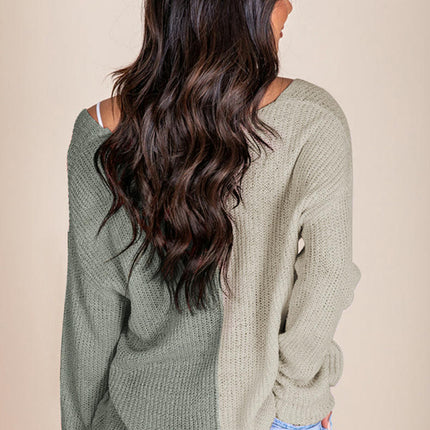 Women's Colorblock V-neck Pullover Sweater Casual Loose Knitted Long Sleeve Top