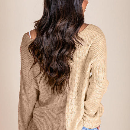 Women's Colorblock V-neck Pullover Sweater Casual Loose Knitted Long Sleeve Top