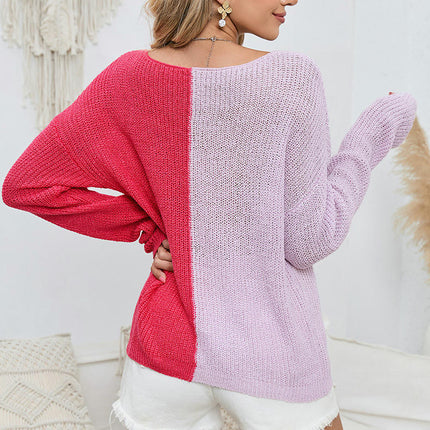 Women's Colorblock V-neck Pullover Sweater Casual Loose Knitted Long Sleeve Top