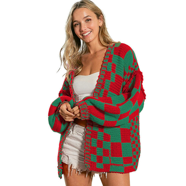 Women's Winter Colorblock Cardigan Sweater Casual Warm Long Sleeve Knit Sweater