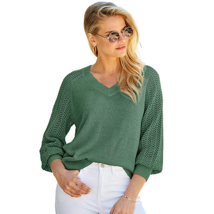 Women's V-neck Solid Color Sweater Casual Hollow Slim Fit Long Sleeve Top