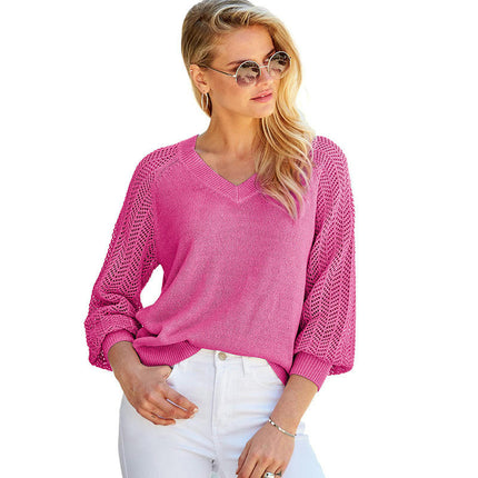 Women's V-neck Solid Color Sweater Casual Hollow Slim Fit Long Sleeve Top