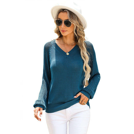 Women's V-neck Solid Color Sweater Casual Hollow Slim Fit Long Sleeve Top