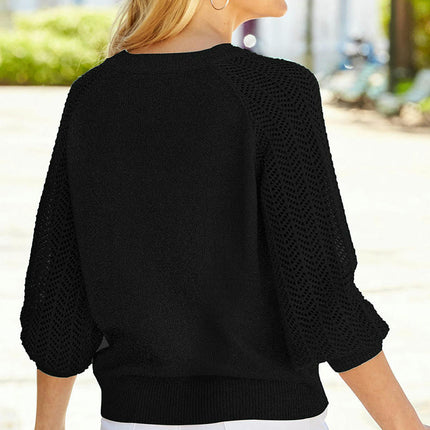 Women's V-neck Solid Color Sweater Casual Hollow Slim Fit Long Sleeve Top