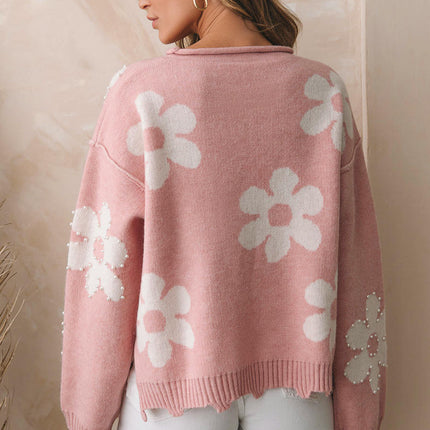 Drop Shoulder Long Sleeve Top Women's Sweet Beaded Flower Printed Sweater